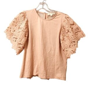 Forever That Girl for Anthropologie Pink Rose Lace Grace Tiered Cotton Blouse